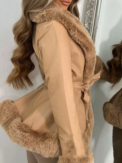 woman wearing a brown faux trimmed belted outerwear coat side view 