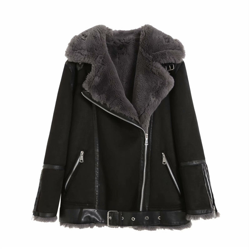 Front view of black faux shearling moto jacket with asymmetrical zipper and belt for women outerwear fashion