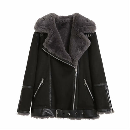 Front view of black faux shearling moto jacket with asymmetrical zipper and belt for women outerwear fashion