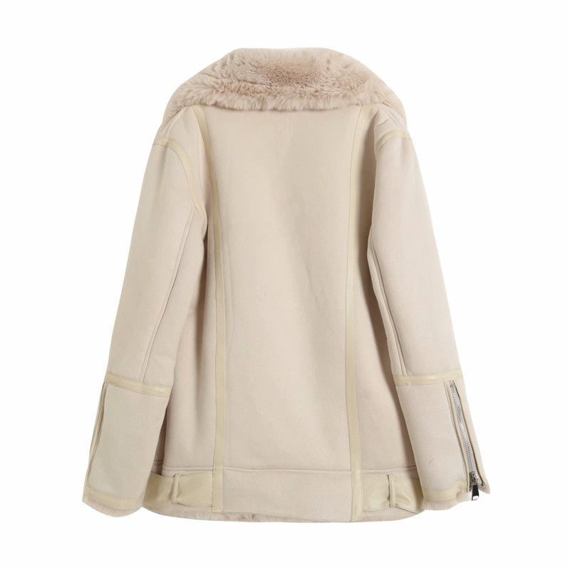 Back view of beige/white faux shearling moto jacket with asymmetrical zipper and belt for women outerwear fashion