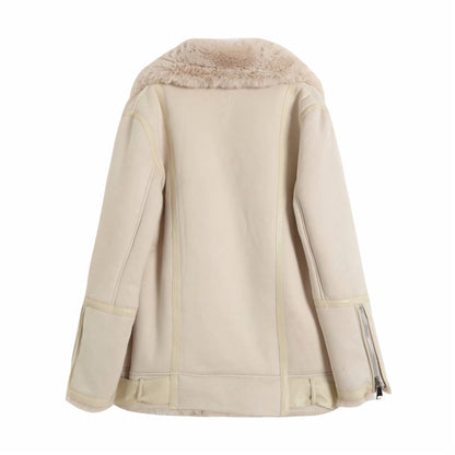 Back view of beige/white faux shearling moto jacket with asymmetrical zipper and belt for women outerwear fashion
