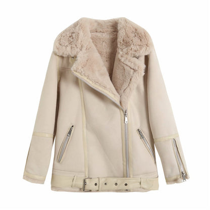 Front view of beige/white faux shearling moto jacket with asymmetrical zipper and belt for women outerwear fashion