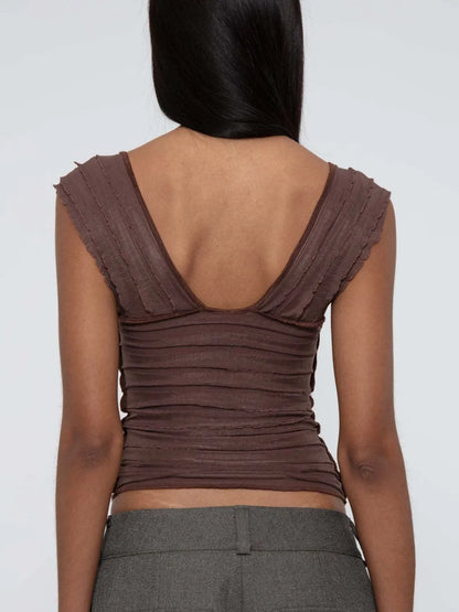 Brown sleeveless ruched top  back view worn by a woman on a white background