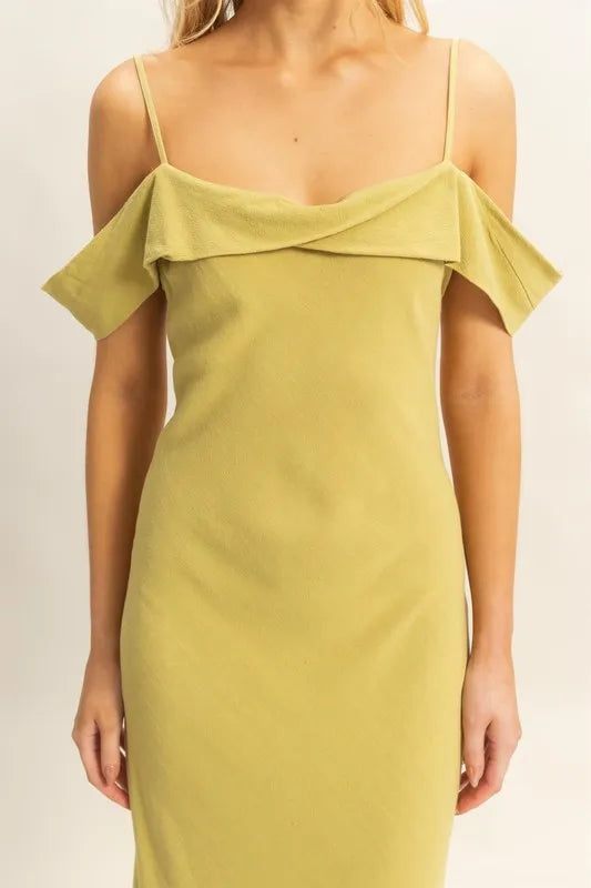 Close-up of neckline and straps on flattering fit maxi dress on model
