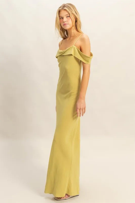 Model wearing HYFVE cami maxi dress with scoop neckline and flattering fit side view