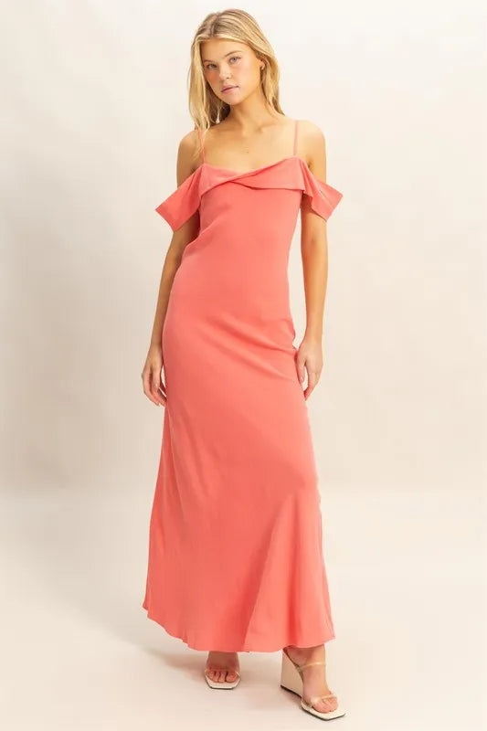 Model in flattering cami maxi dress with sleek silhouette front view