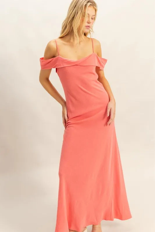 Model posing in flattering cami maxi dress with sleek silhouette front view
