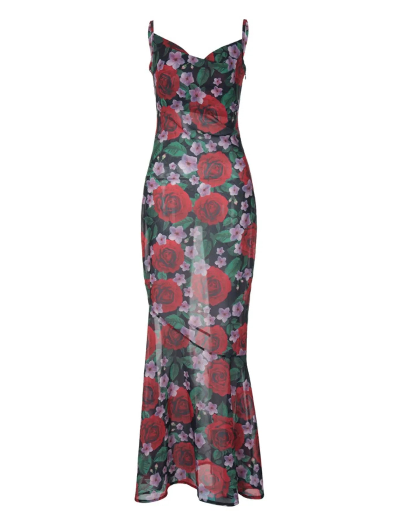Floral summer maxi dress with red and green pattern on a white background