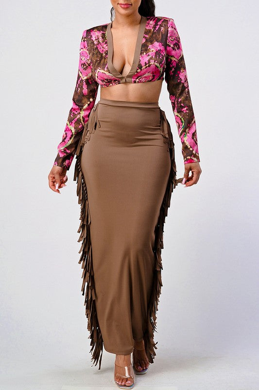 two piece long sleeve floral crop top and high brown high waisted skirt with tassel sides  for women 
