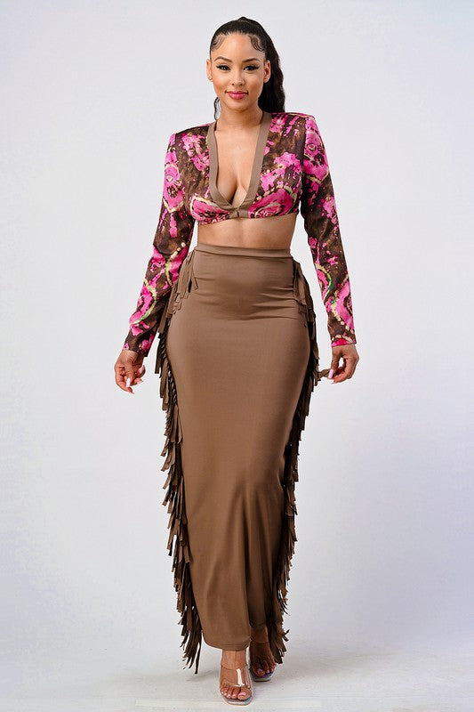 model wearing a elegant floral two piece co-ord set for events or garden  party