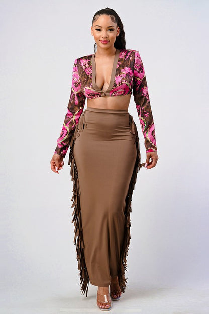 model wearing a elegant floral two piece co-ord set for events or garden  party