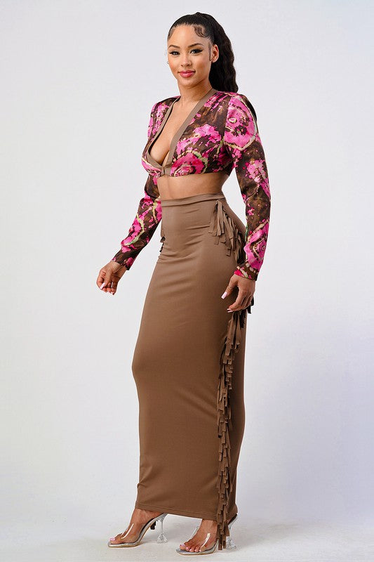 side angle view of floral print crop top and high waist tassel skirt set for women