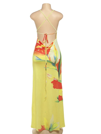 floral print lace-up backless maxi dress on mannequin back view