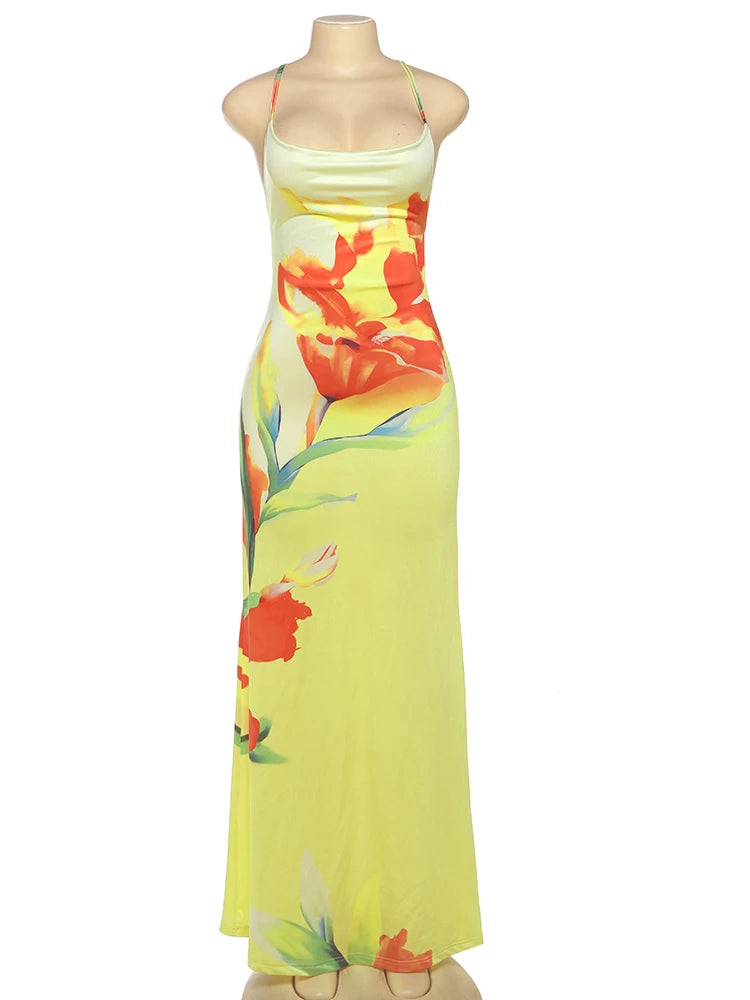 floral print lace-up backless maxi dress on mannequin front view