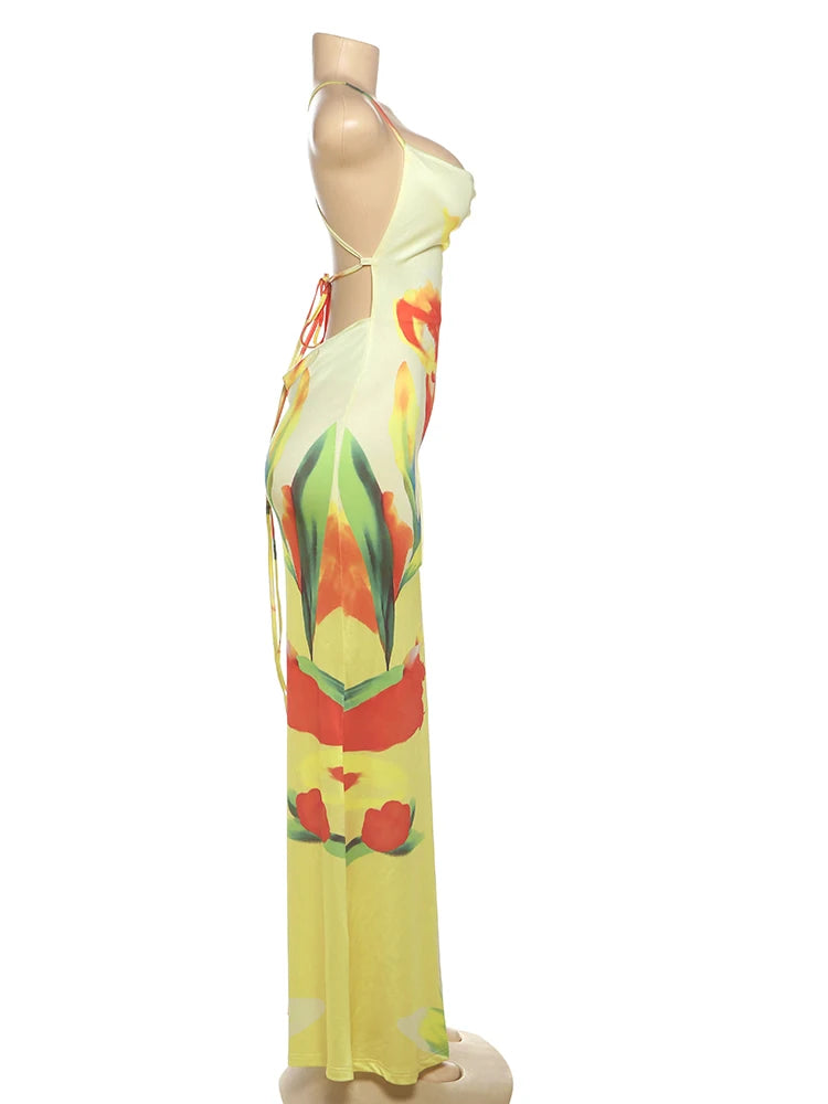 floral print lace-up backless maxi dress on mannequin side view