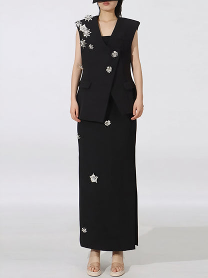 Luxury floral embellished sleeveless vest and midi skirt set  worn by a woman