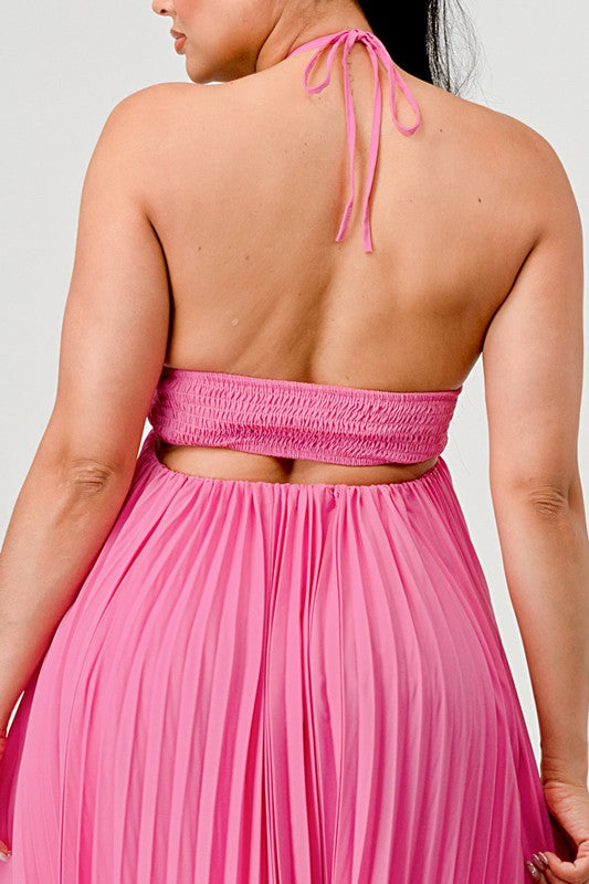 close up of back view for pink Flowy Backless Pleated halter neck Maxi Dress on women 