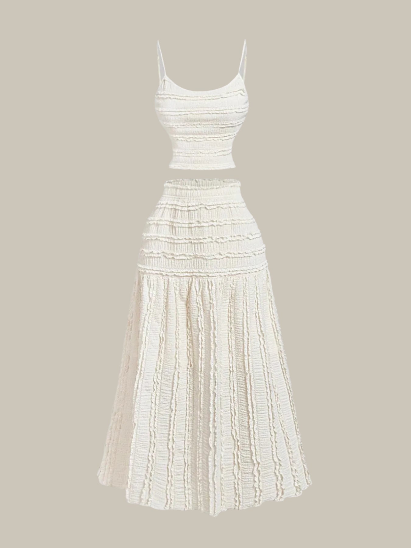 Off White Frill Scoop Neck Cami & Midi Skirt Set on a beige background