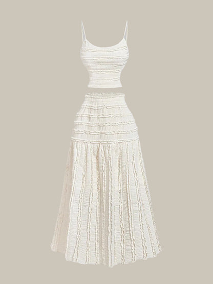 Off White Frill Scoop Neck Cami & Midi Skirt Set on a beige background