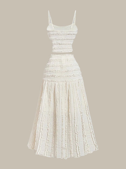 Off White Frill Scoop Neck Cami & Midi Skirt Set with ruched details on a beige background