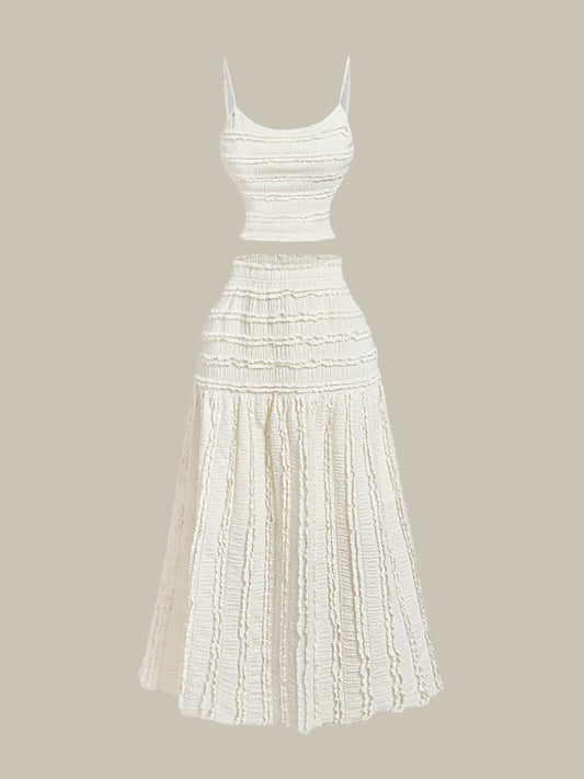 Off white  textured Frill Scoop Neck Cami & Midi Skirt Set on a beige background
