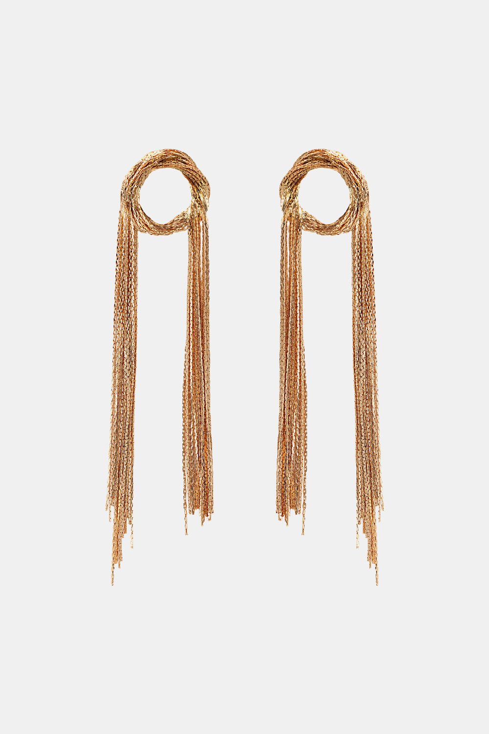 Fringed round copper statement earrings for women on white background