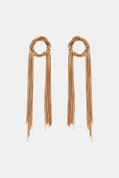Fringed round copper statement earrings for women on white background