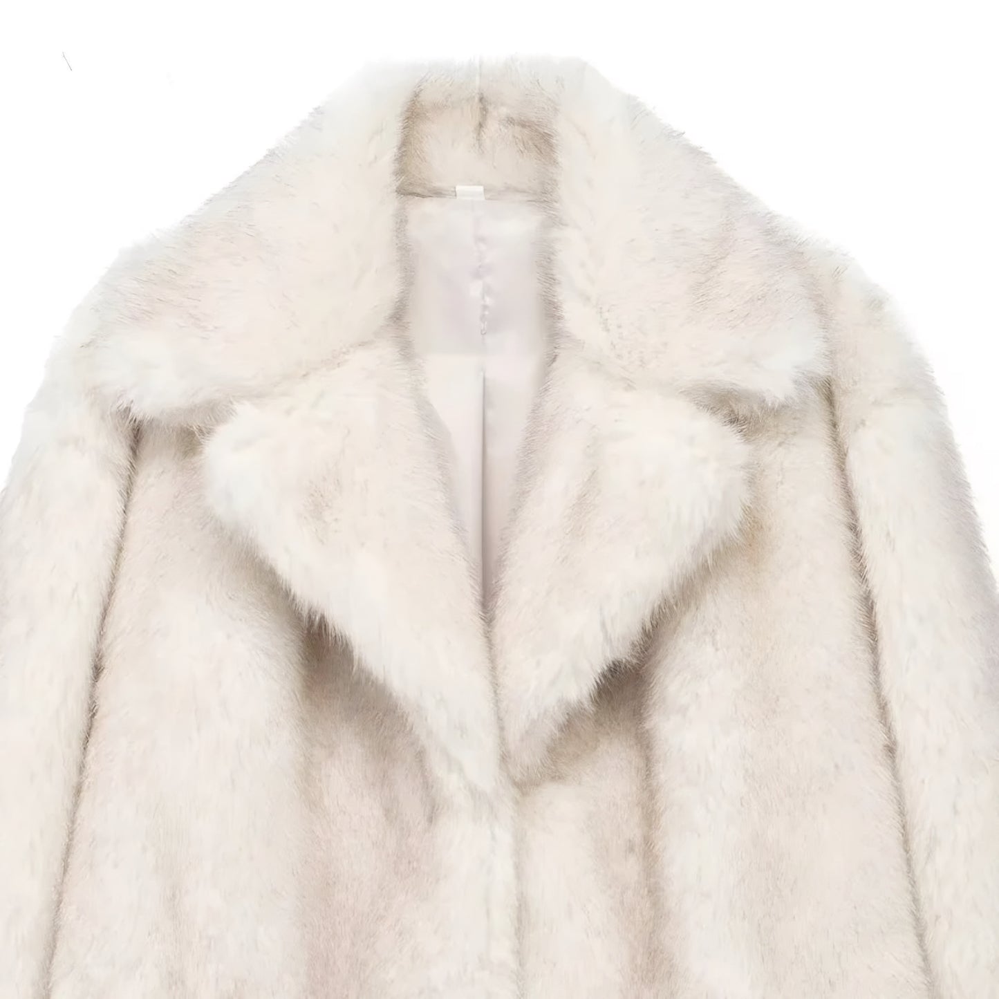 close of collared neckline of a luxury faux fur mid-length coat for women in plush texture