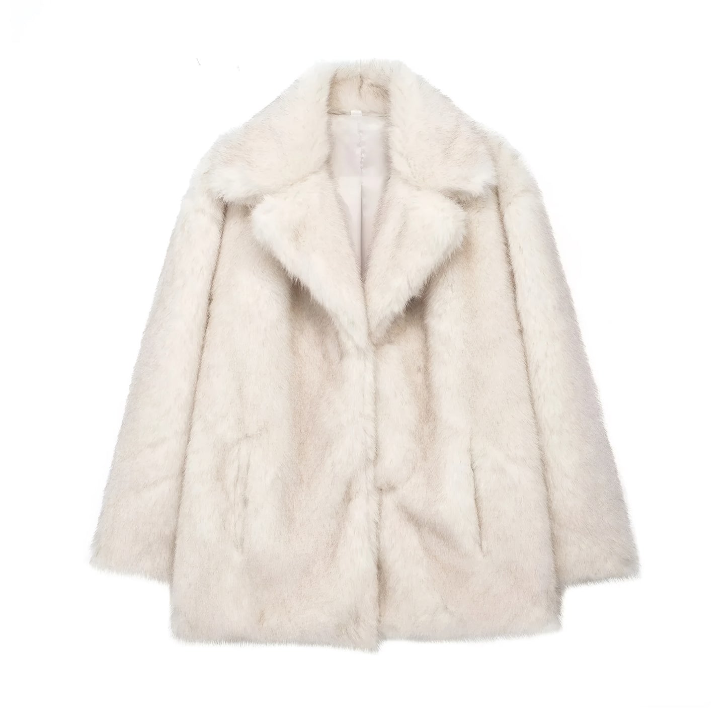 White luxury faux fur mid-length coat for women in plush texture on a white background