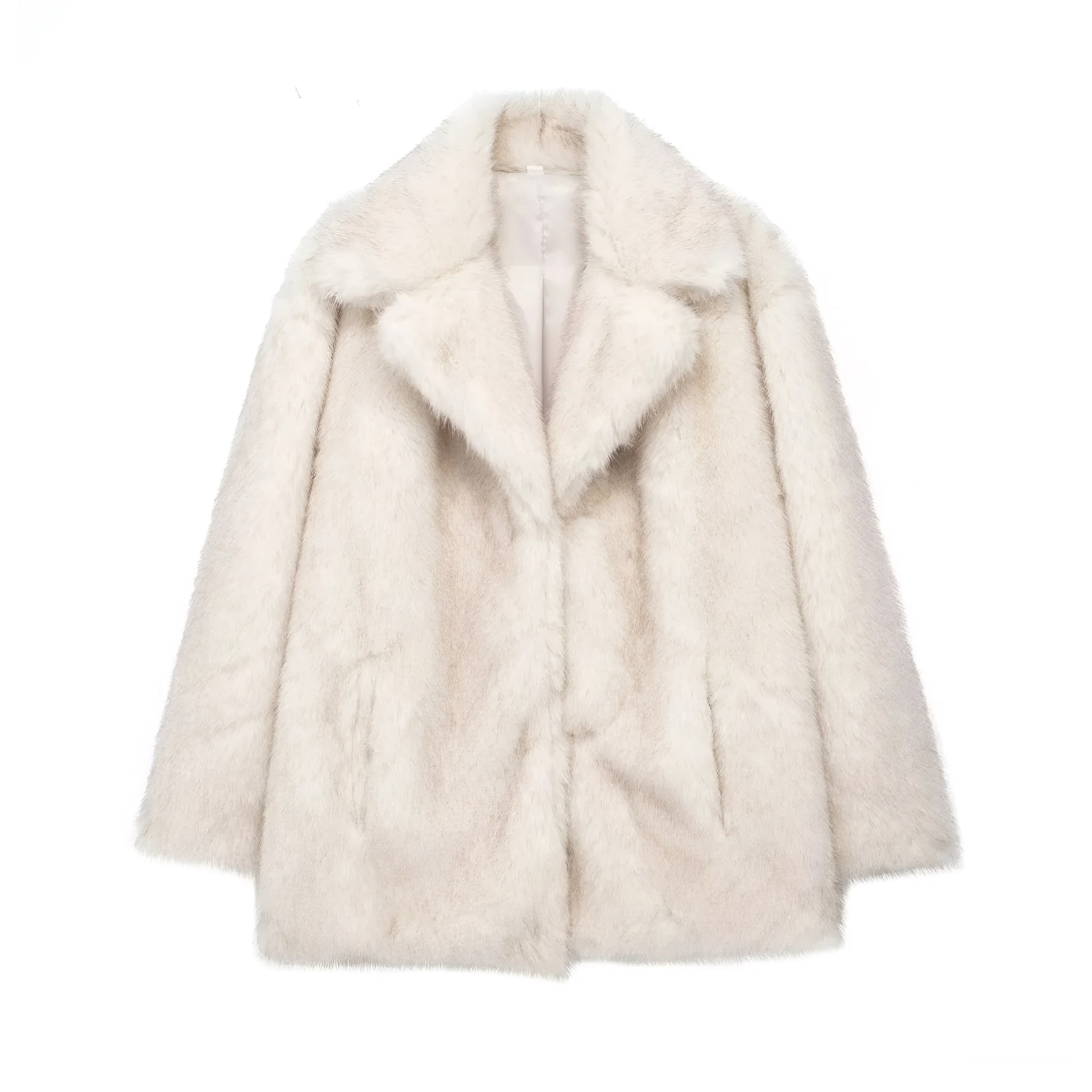 White luxury faux fur mid-length coat for women in plush texture on a white background