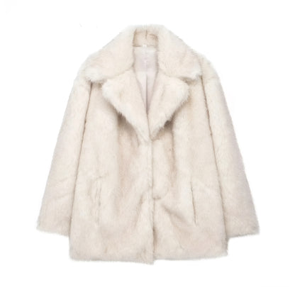 White luxury faux fur mid-length coat for women in plush texture on a white background
