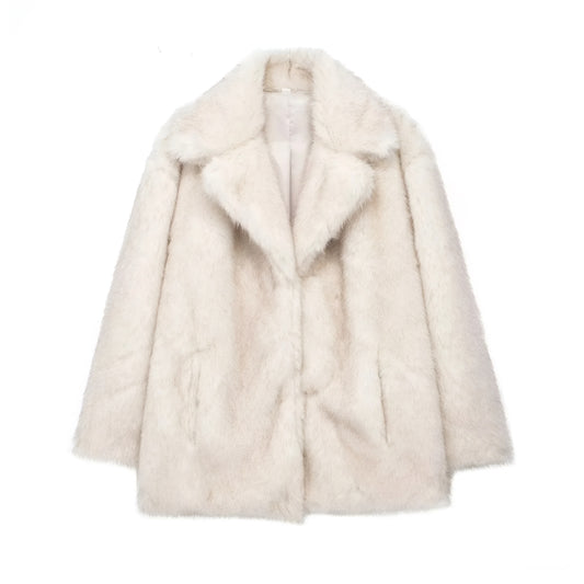 White luxury faux fur mid-length coat for women in plush texture on a white background