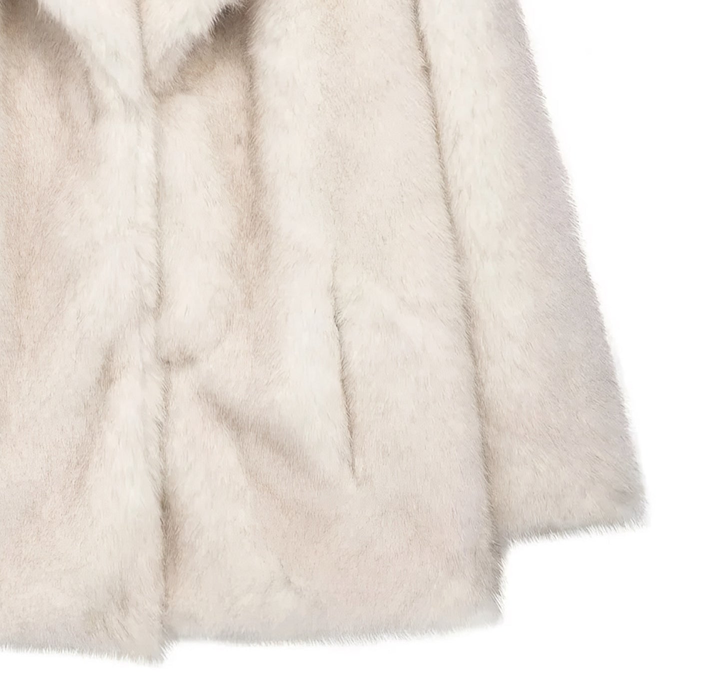 close up of pocket and sleeve o a luxury  faux fur mid-length coat for women in plush texture