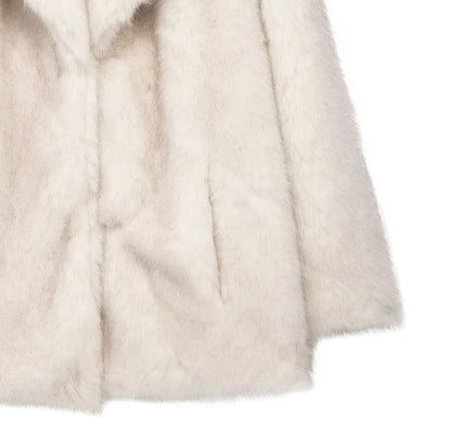 close up of pocket and sleeve o a luxury  faux fur mid-length coat for women in plush texture