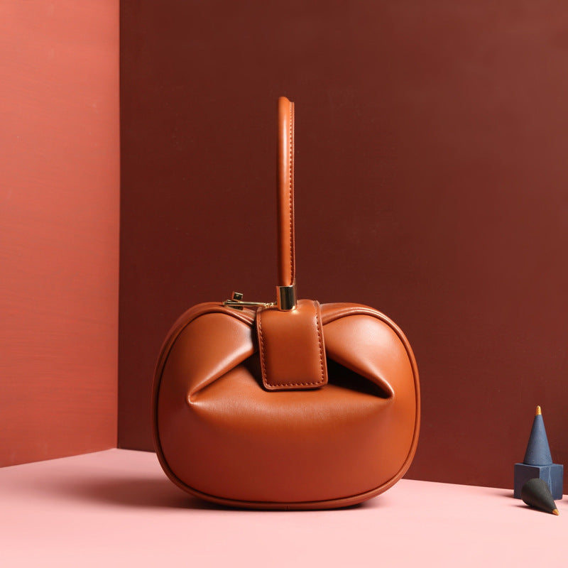 A brown leather dumpling handbag with a buckle closure and a single handle, displayed against a two-tone background with red and pink shades.