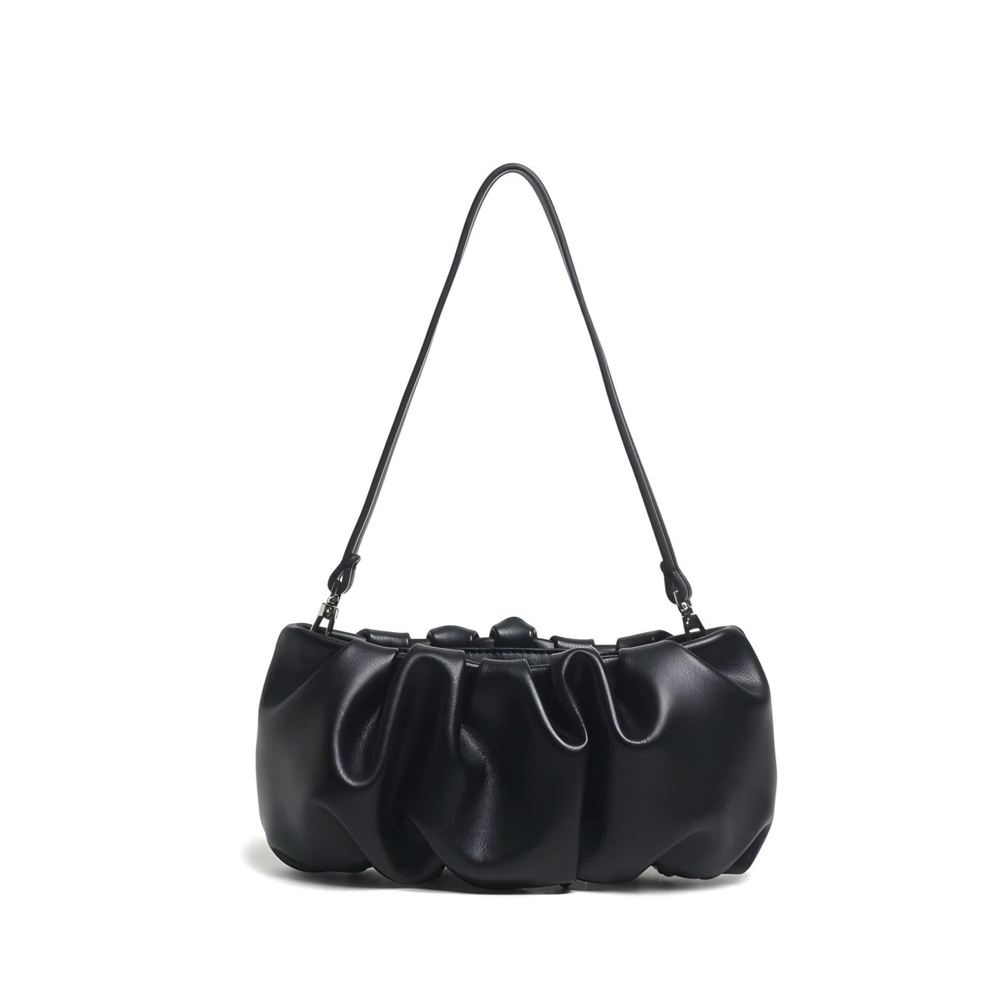 Black genuine leather pleated dumpling bag with shoulder strap with soft finish and luxury details