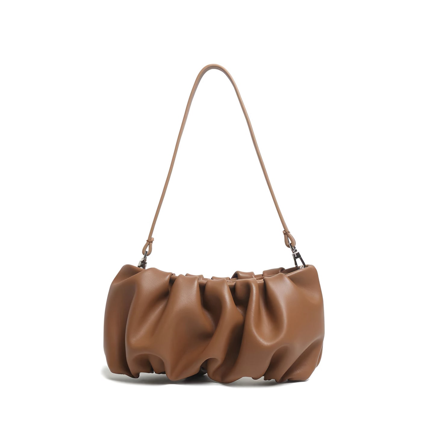Brown genuine leather designer inspired  pleated dumpling bag with soft finish and luxury details on a white background