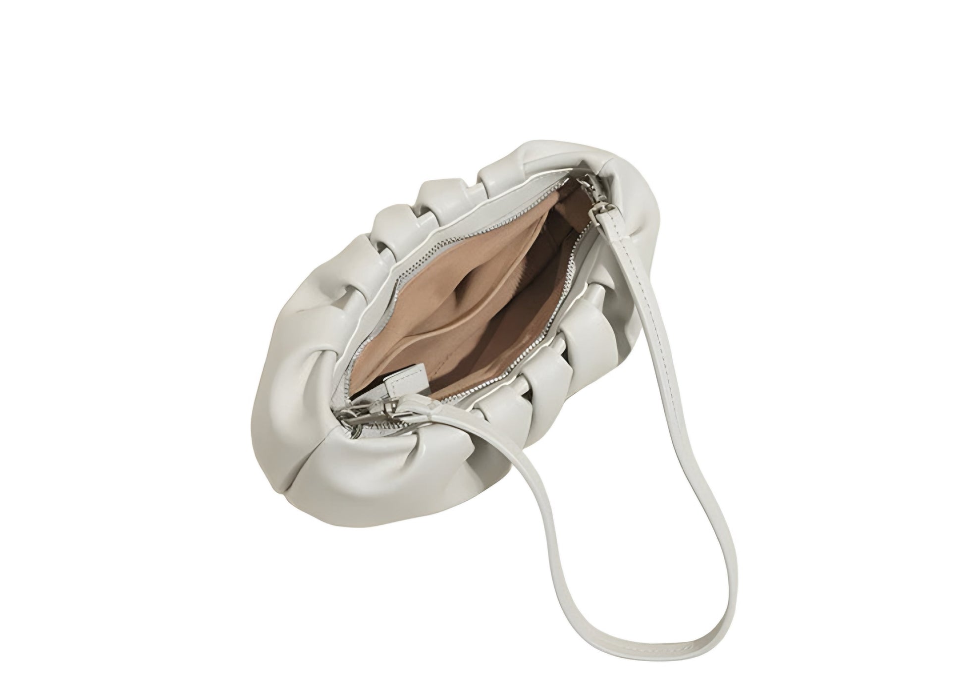 Interior view of Genuine Leather Pleated Dumpling Bag with zipper closure and lining