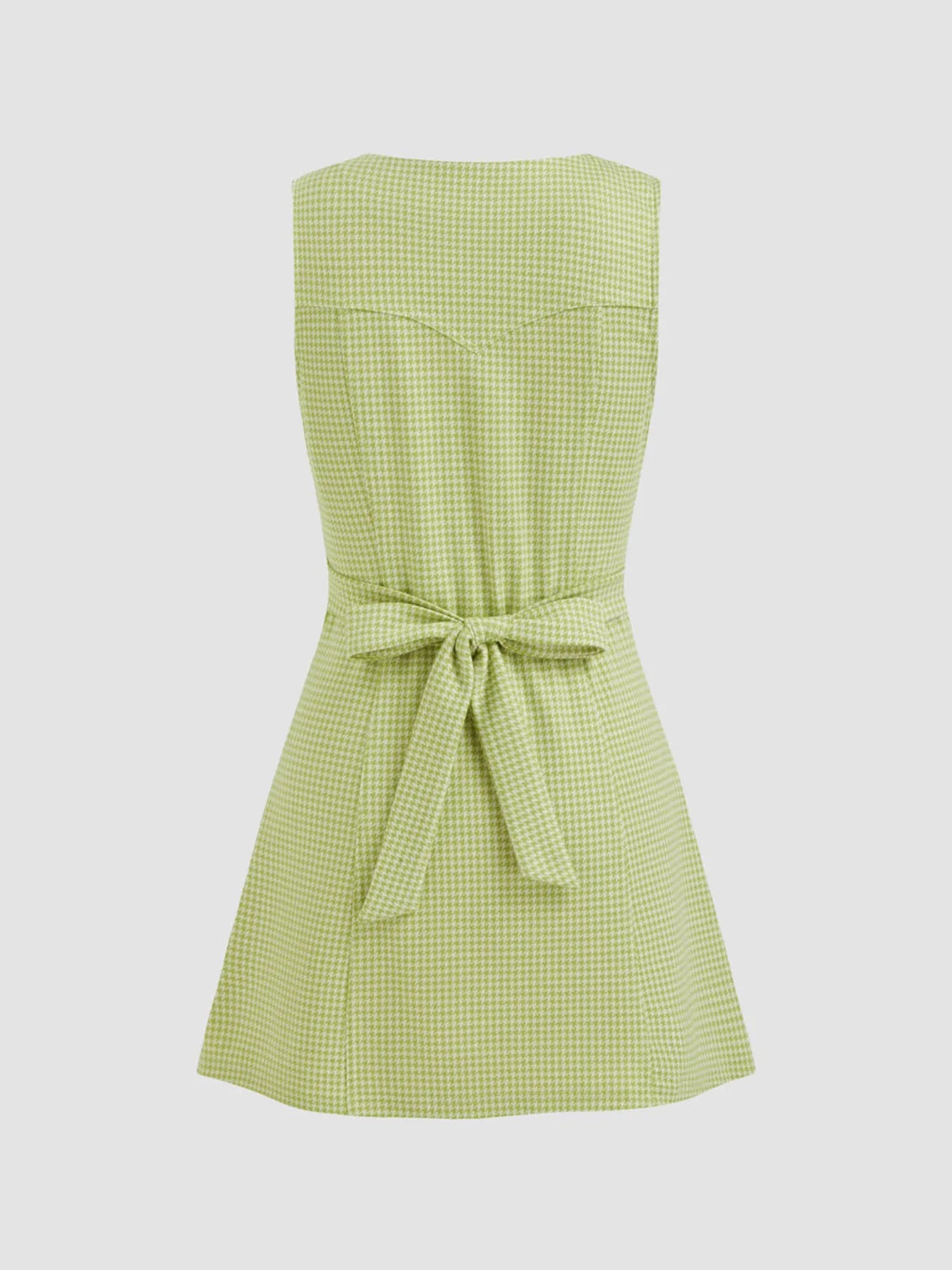 Green Gingham Button-Front A-Line Mini Dress with a tie waist on a light gray background back view
