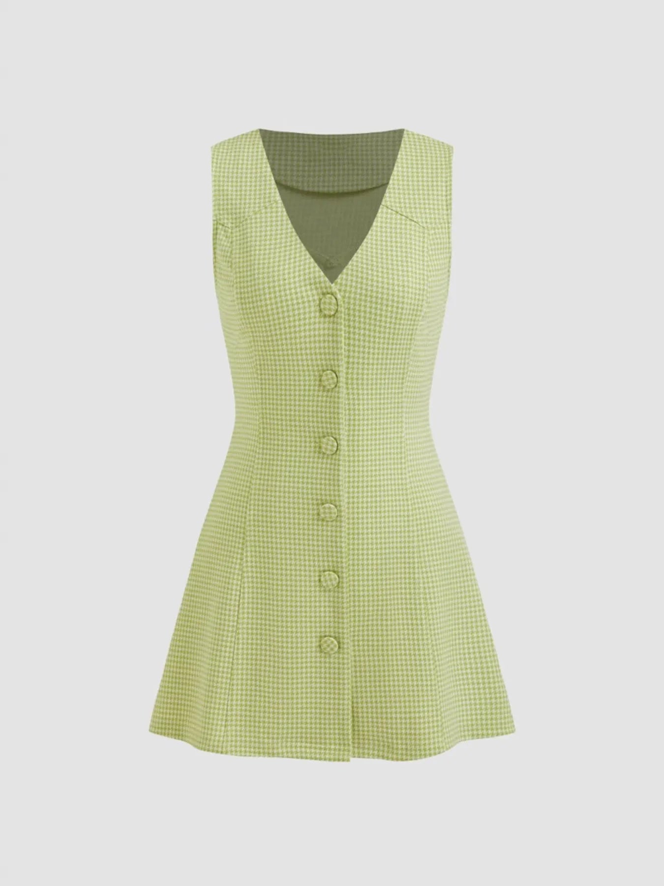 Green Gingham Button-Front A-Line Mini Dress buttons on a light gray background front view
