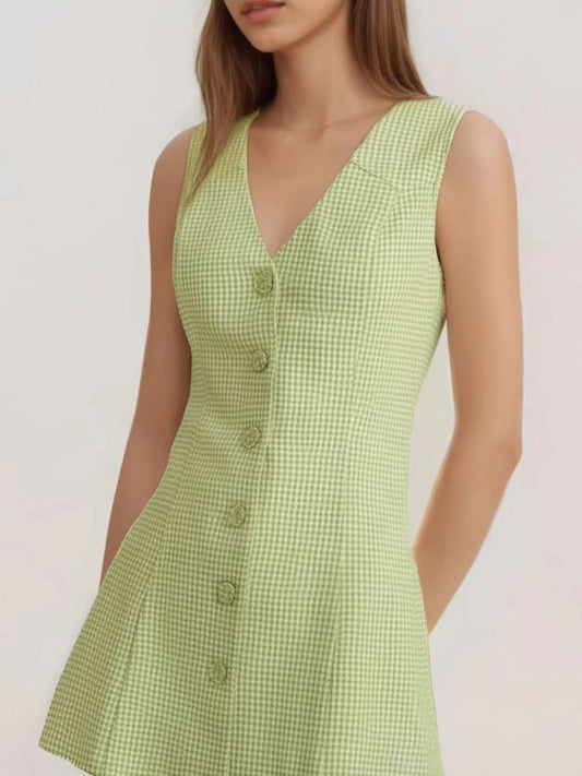 Green Gingham Button-Front A-Line Mini Dress worn by a model on a white background