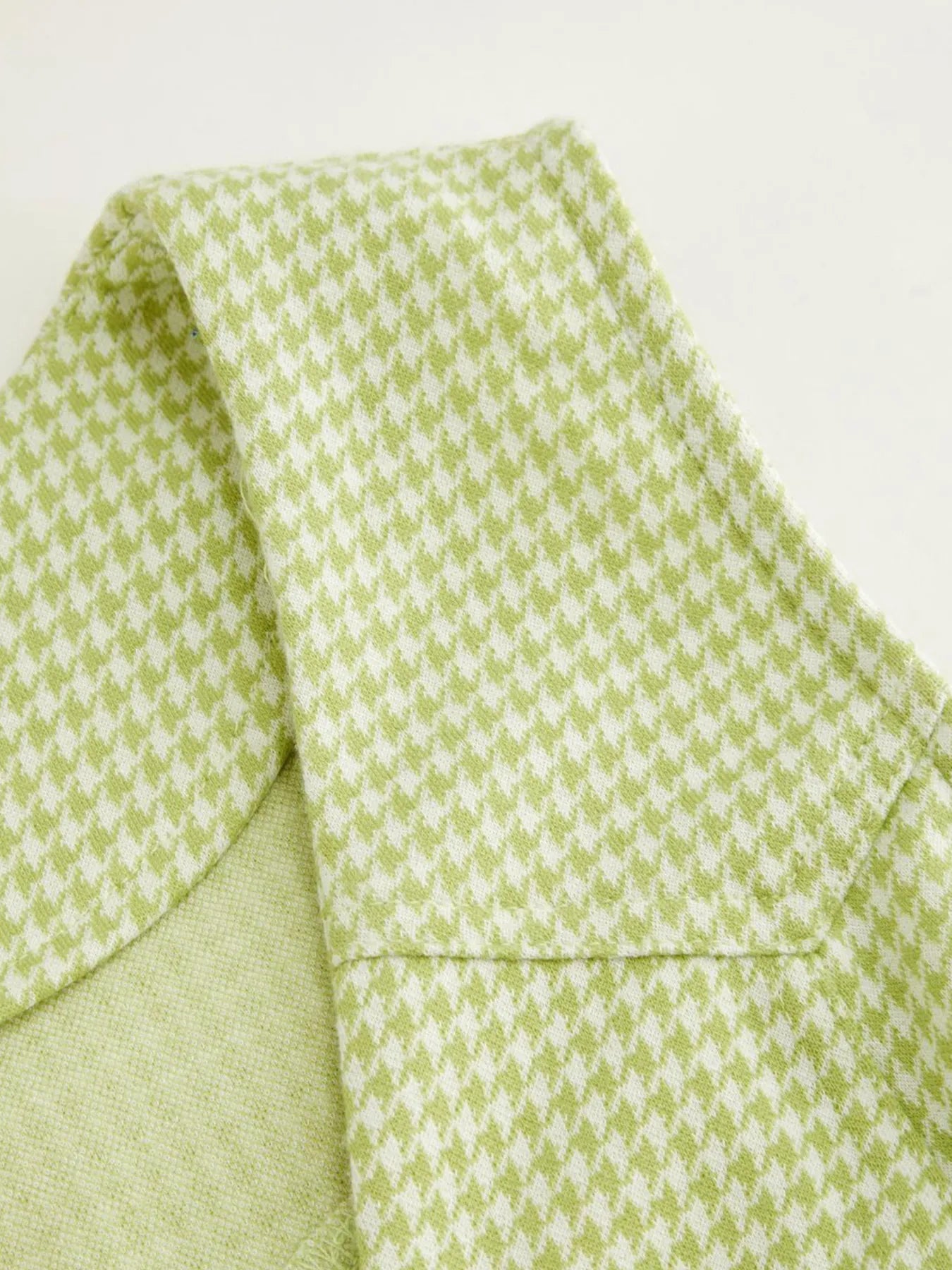 Close-up of sleeve and neckline of green and white Gingham Button-Front A-Line Mini Dress