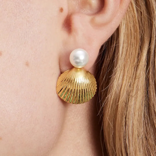 18K gold plated stainless steel pearl shell earrings on model close up