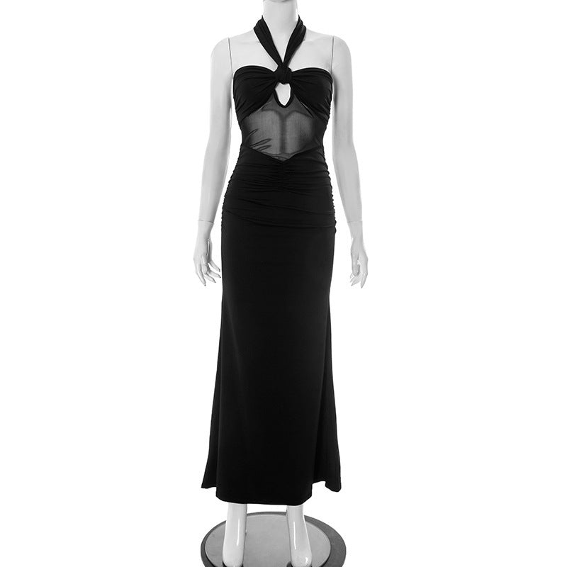 Front view of black party maxi party dress  on a mannequin against a white background