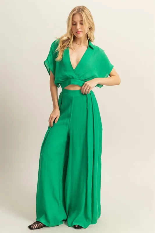 Casual green bohemian outfit set for women front view on model