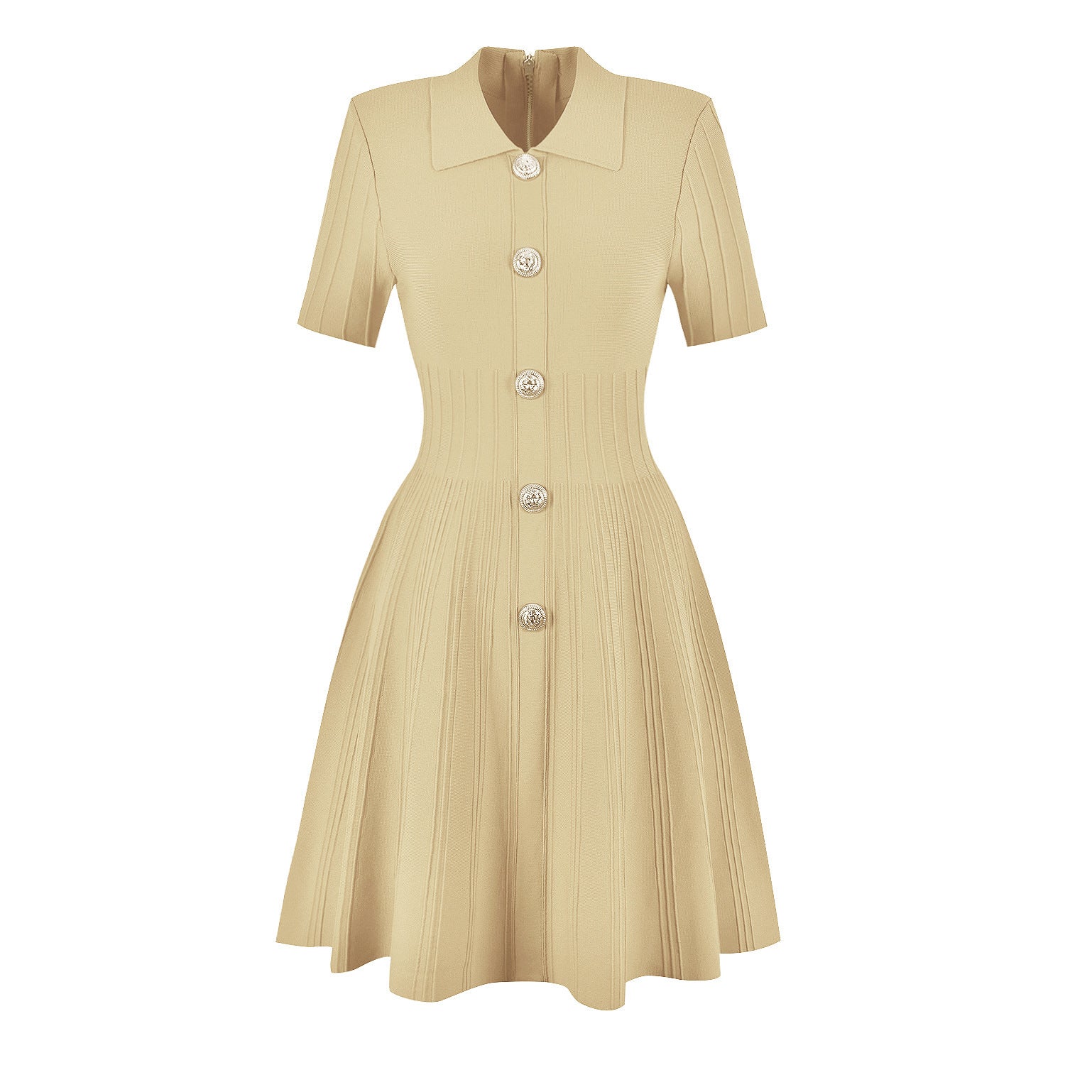 A beige/apricot knitted fit and flare design lapel A-line mini dress with short sleeves and buttons down the front on a white background