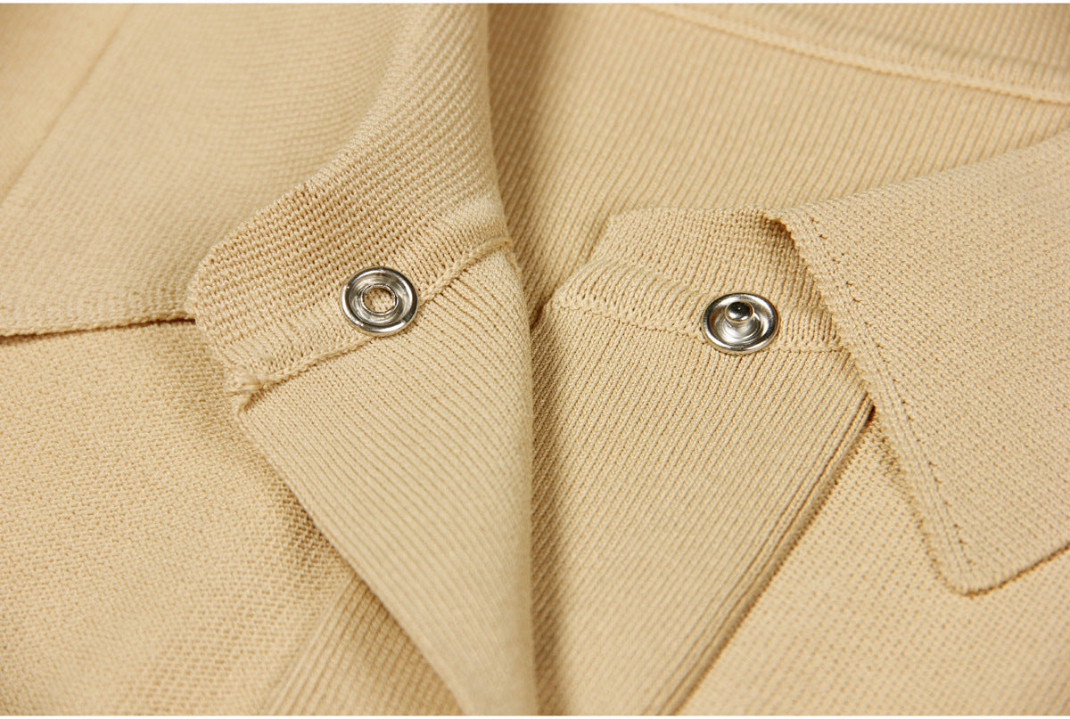Close-Up of Luxury Knit mini Dress for women with Lapel Collar and Button in apricot/beige