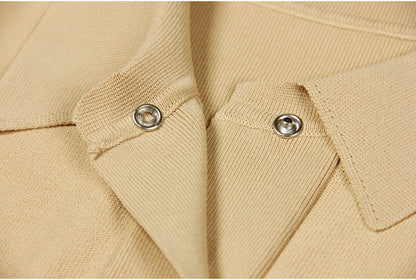 Close-Up of Luxury Knit mini Dress for women with Lapel Collar and Button in apricot/beige