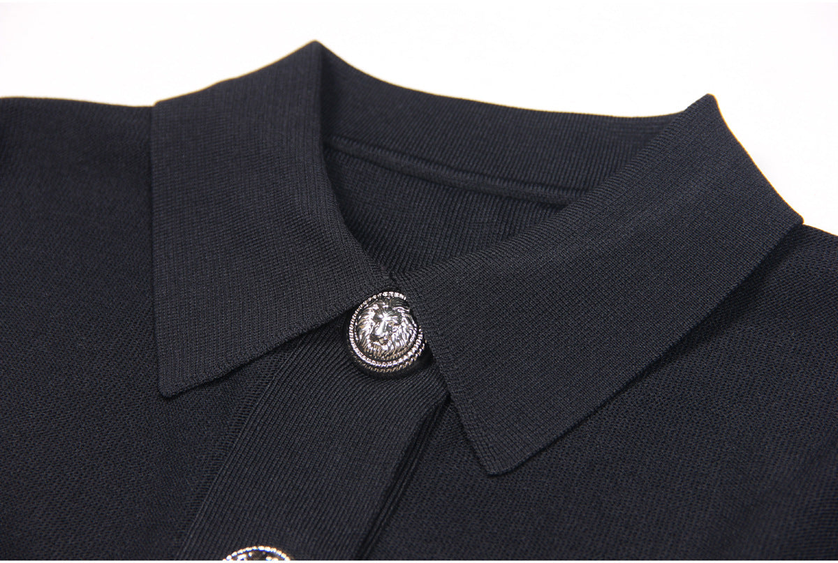 Close-Up of  lapel collar of high end Knit mini Dress with front statement Buttons in Black for women