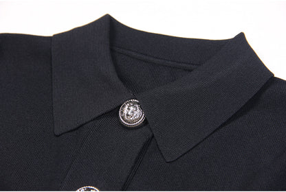Close-Up of  lapel collar of high end Knit mini Dress with front statement Buttons in Black for women
